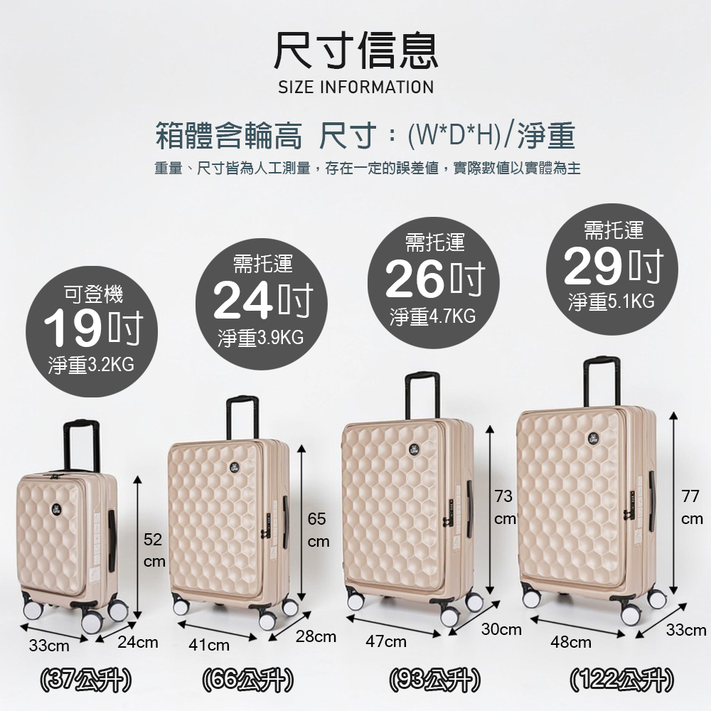 尺寸信息SIZE INFORMATION箱體輪高 尺寸:(W*D*H)/淨重重量、尺寸皆為人工測量,存在一定的誤差值,實際數值以實體為主需托運需托運26可登機24淨重4.6KG19淨重3.8KG淨重3.0KG需托運29淨重5.0KG52cm64cm33cm 24cm41cm(37公升)(66公升)7277cmcm30cm®33cm28cm47cm®48cm®(93公升)(113公升)