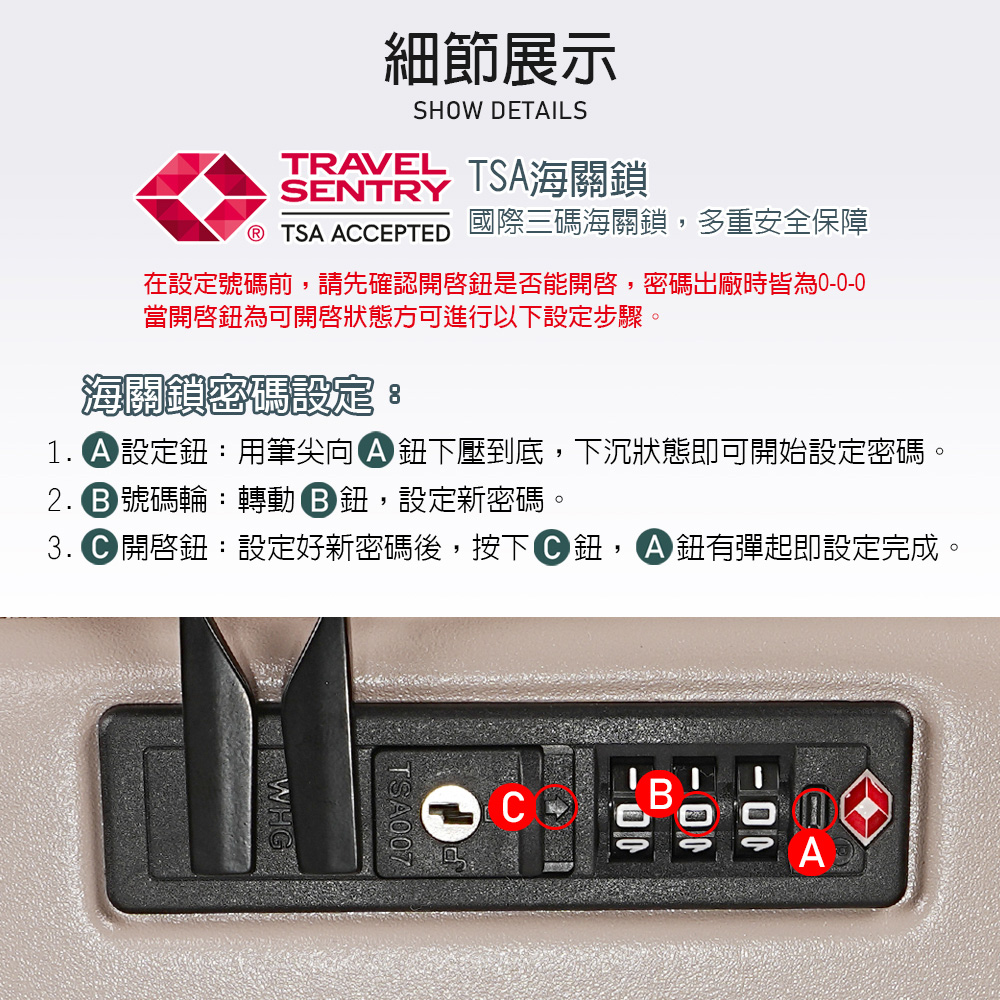 細節展示SHOW DETAILSTRAVEL TSA海關鎖SENTRY TSA ACCEPTED 國際三碼海關鎖,多重安全保障在設定號碼前,請先確認開啟是否能,密碼出廠時皆為當鈕為可開啟狀態方可進行以下設定步驟海關鎖密碼設定。1. 設定鈕:用筆尖向鈕下壓到底,下沉狀態即可開始設定密碼。 號碼輪:轉動鈕,設定新密碼。3. 開啓鈕:設定好新密碼後,按下C鈕, 鈕有彈起即設定完成。TSA07CB0