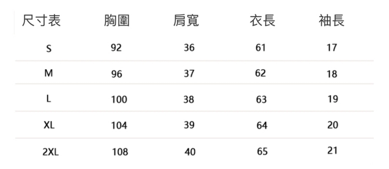 尺寸表胸圍肩寬衣長袖長S92366117Σ96376218L100386319XL1043964202XL108406521