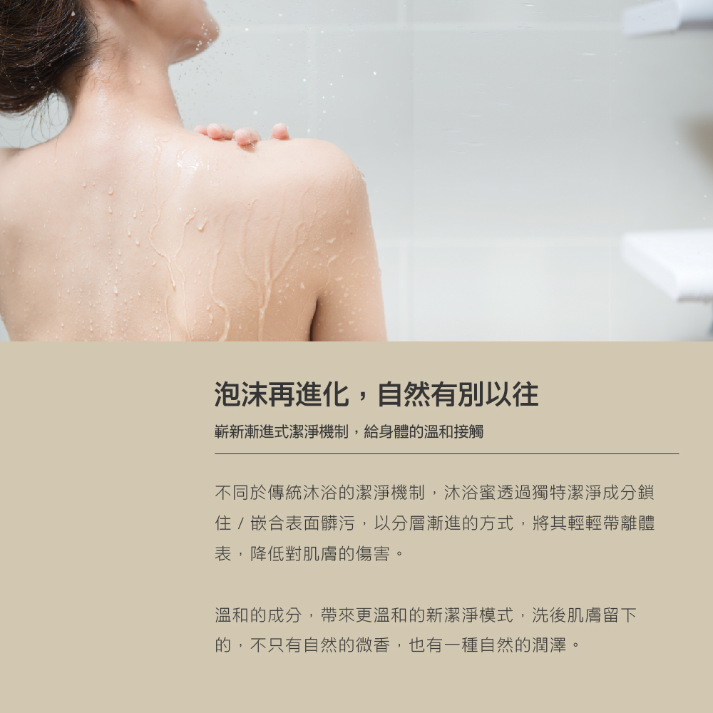 不同於傳統沐浴的潔淨機制,沐浴蜜透過獨特潔淨成分鎖