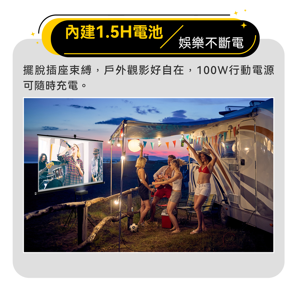 內建1.5H電池 娛樂不斷電 擺脫插座束縛,戶外觀影好自在,100W行動電源 可隨時充電。 