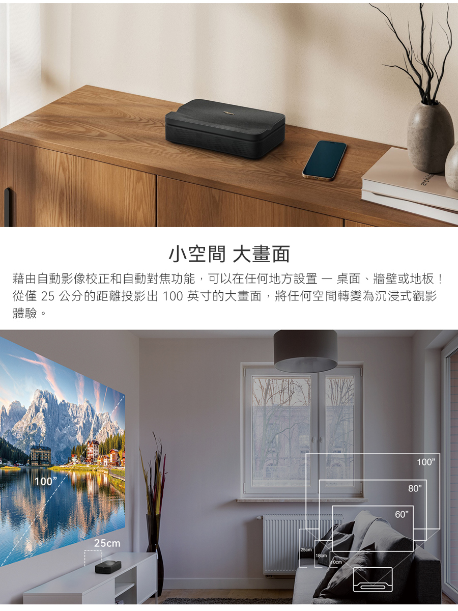 小空間 大畫面 藉由自動影像校正和自動對焦功能,可以在任何地方設置  桌面、牆壁或地板 從僅 25 公分的距離投影出 100 英寸的大畫面,將任何空間轉變為沉浸式觀影 體驗。 