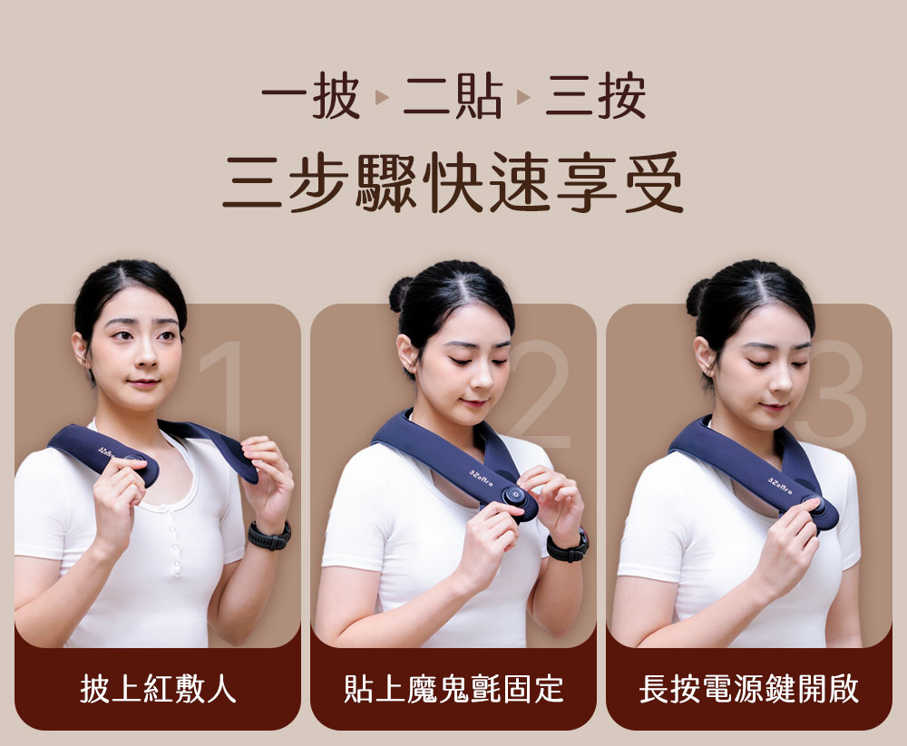 一披二貼三按 三步驟快速享受 披上紅敷人 貼上魔鬼氈固定 長按電源鍵開啟 