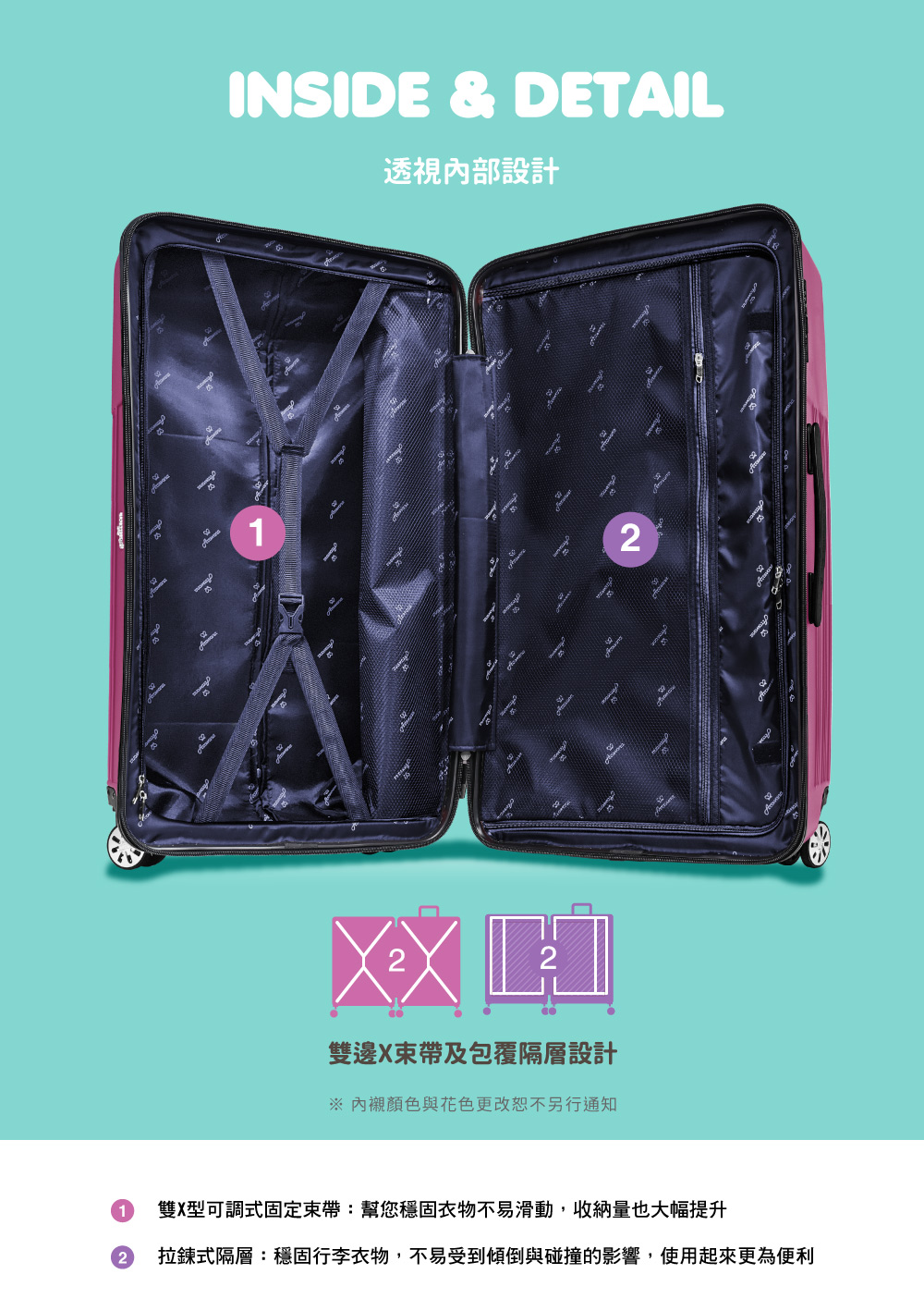 透視內部設計 雙邊X束帶及包覆隔層設計 內襯顏色與花色更改恕不另行通知 1 雙X型可調式固定束帶幫您穩固衣物不易滑動,收納量也大幅提升 2 拉鍊式隔層穩固行李衣物,不易受到傾倒與碰撞的影響,使用起來更為便利 