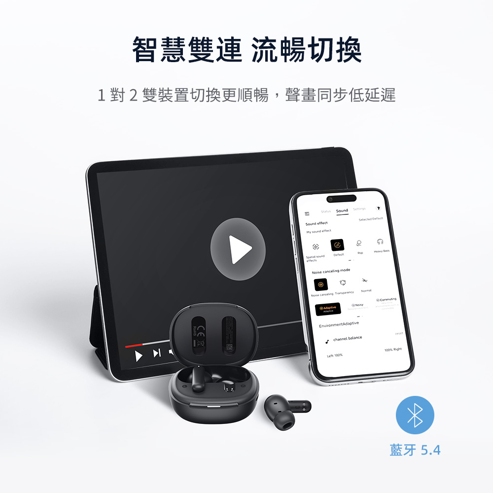 智慧雙連 流暢切換 1對2雙裝置切換更順暢,聲畫同步低延遲 藍牙 5.4 