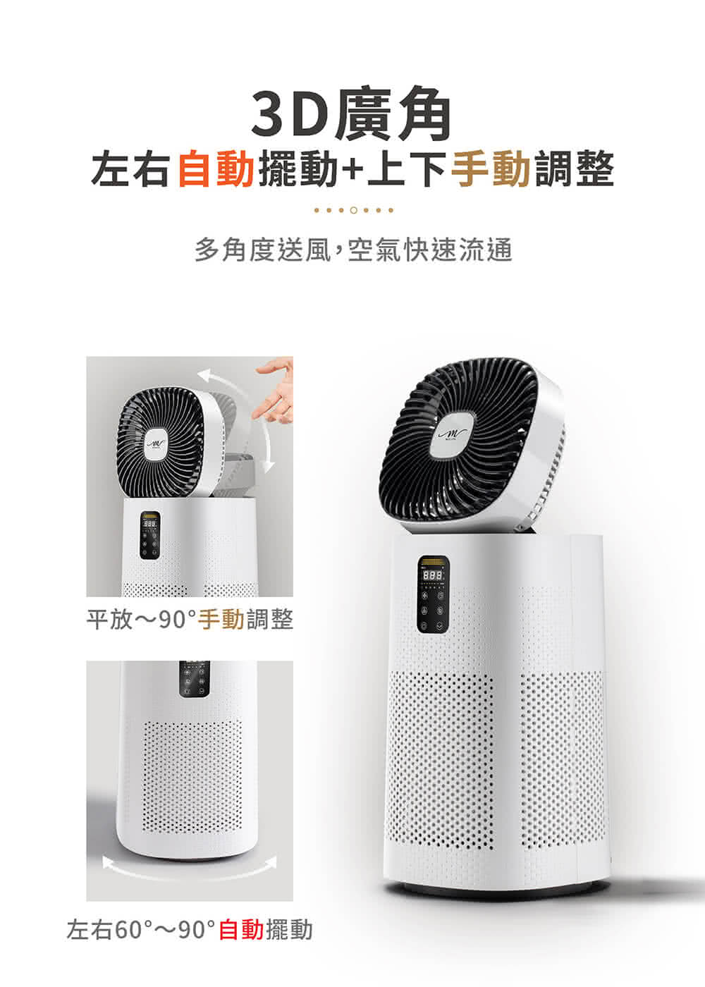 3D廣角 左右自動擺動上下手動調整 多角度送風,空氣快速流通 平放90手動調整 左右6090自動擺動 
