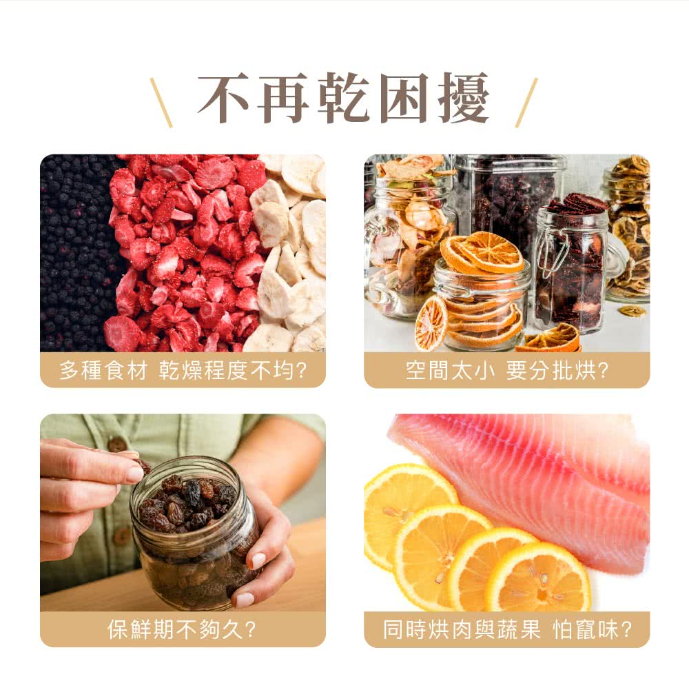 不再乾困擾 多種食材 乾燥程度不均 空間太小 要分批烘 保鮮期不夠久 同時烘肉與蔬果 怕竄味