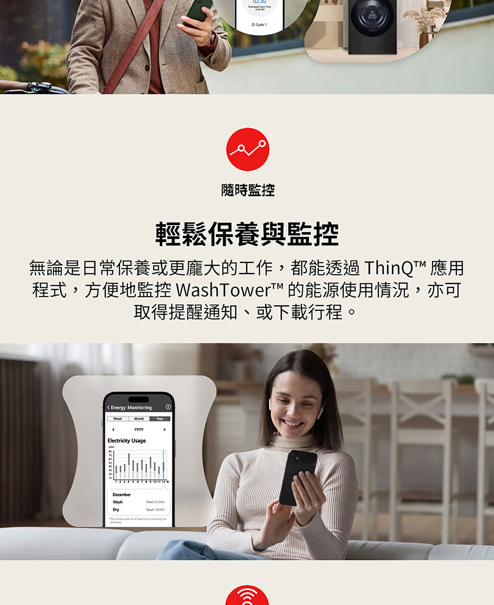 隨時監控 輕鬆保養與監控 無論是日常保養或更龐大的工作,都能透過ThinQ 應用 程式,方便地監控 WashTower 的能源使用情況,亦可 取得提醒通知、或下載行程。 