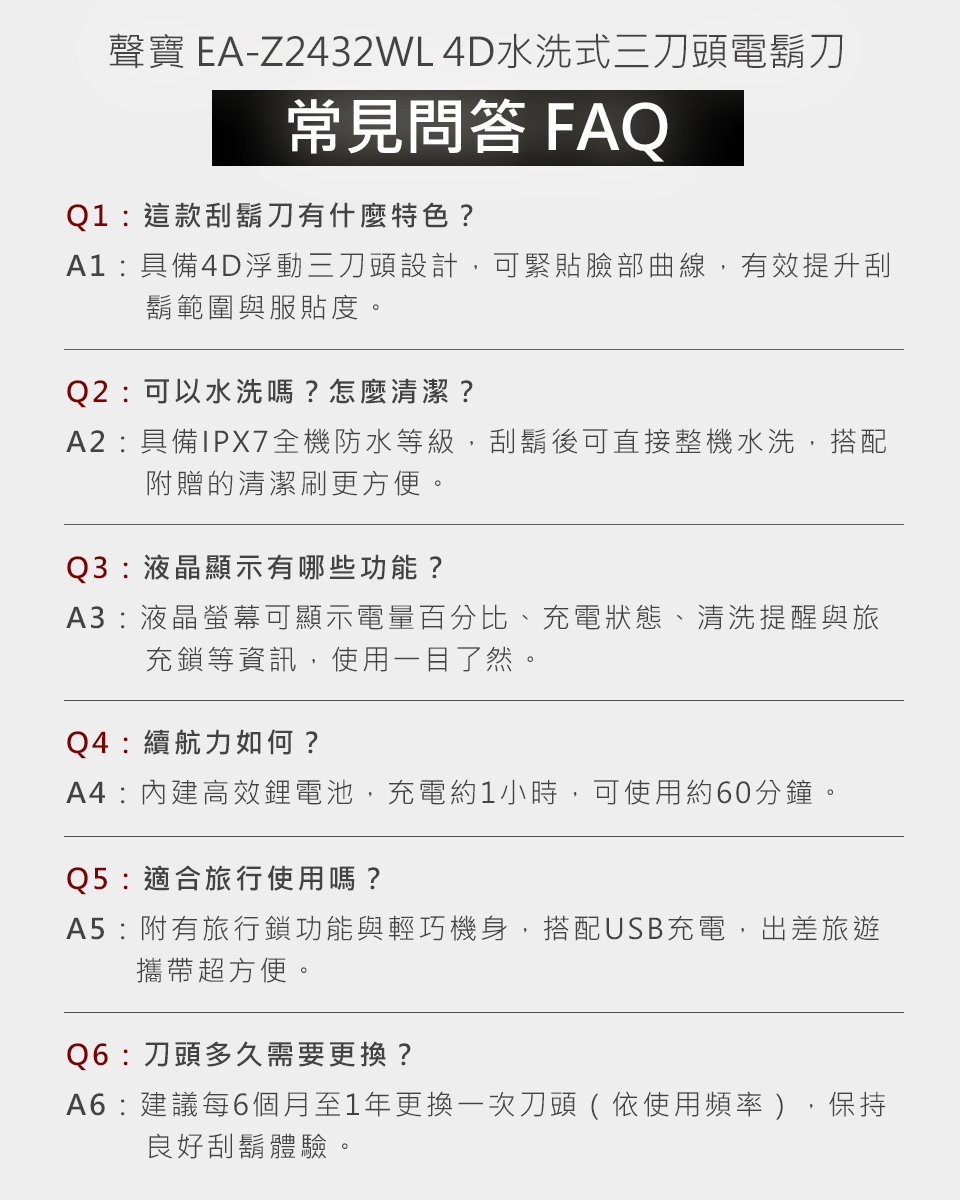 A2具備IPX7全機防水等級,刮鬍後可直接整機水洗,搭配