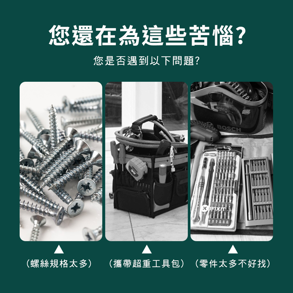 您還在為這些苦惱 您是否遇到以下問題 螺絲規格太多 攜帶超重工具包零件太多不好找 