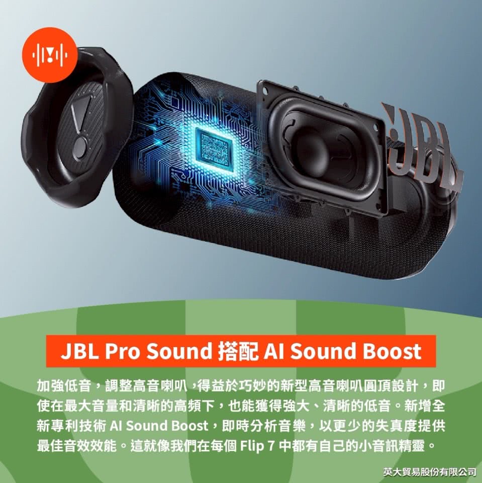 加強低音,調整高音喇叭,得益於巧妙的新型高音喇叭圓頂設計,即 使在最大音量和清晰的高頻下,也能獲得強大、清晰的低音。新增全 新專利技術 Al Sound Boost,即時分析音樂,以更少的失真度提供 最佳音效效能。這就像我們在每個Flip7中都有自己的小音訊精靈。 英大貿易股份有限公司 