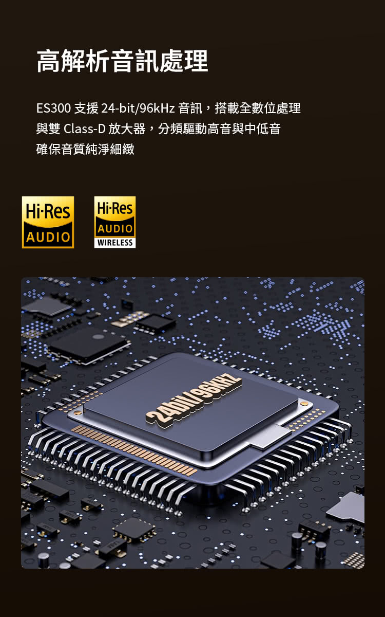 高解析音訊處理 ES300 支援 24bit96kHz 音訊,搭載全數位處理 與雙 ClassD 放大器,分頻驅動高音與中低音 確保音質純淨細緻 