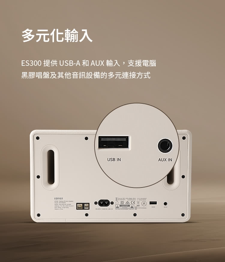 多元化輸入 ES300 提供USBA 和 AUX 輸入,支援電腦 黑膠唱盤及其他音訊設備的多元連接方式 