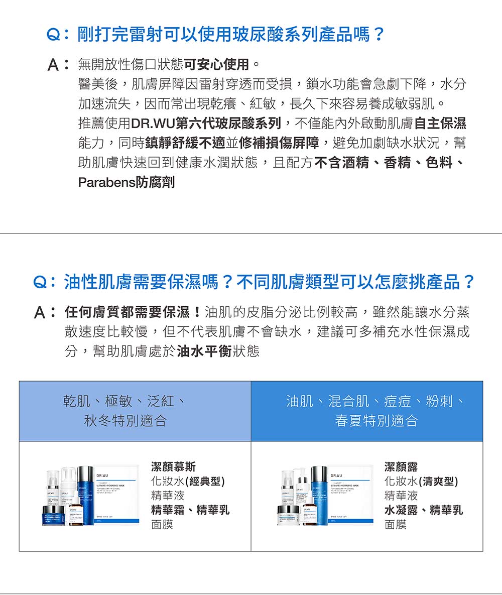推薦使用DR.WU第六代玻尿酸系列,不僅能內外啟動肌膚自主保濕