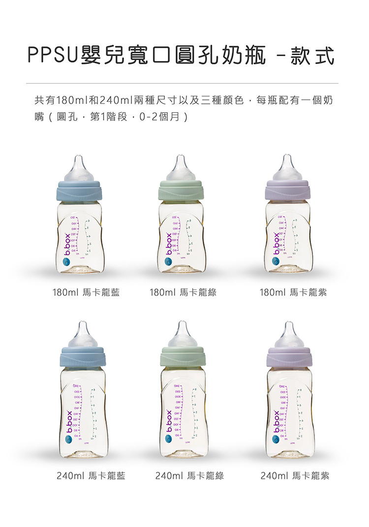 共有180ml和240ml兩種尺寸以及三種顏色,每瓶配有一個奶