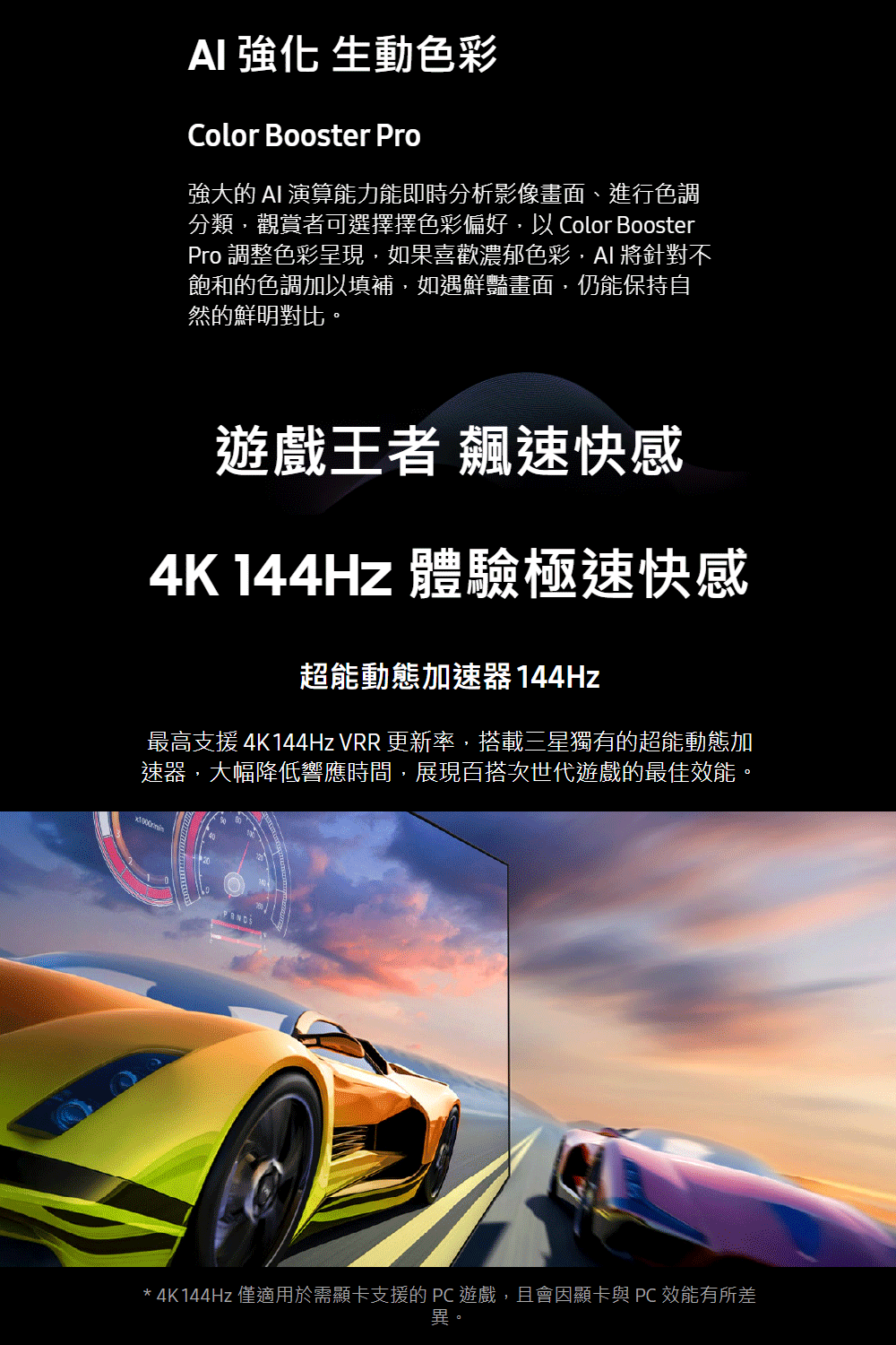 強化 生動色彩Color Booster Pro強大的 演算能力能即時分析影像畫面、進行色調分類,觀賞者可選擇擇色彩偏好,以 Color BoosterPro 調整色彩呈現,如果喜歡濃郁色彩,AI 將針對不飽和的色調加以填補,如遇鮮豔畫面,仍能保持自然的鮮明對比。遊戲王者 飆速快感4K 144Hz 體驗極速快感超能動態加速器 144Hz最高支援 4K144Hz VRR 更新率,搭載三星獨有的超能動態加速器,大幅降低響應時間,展現百搭次世代遊戲的最佳效能。* 4K 144Hz 僅適用於顯卡支援的 遊戲,且會因顯卡與 PC 效能有所差異。