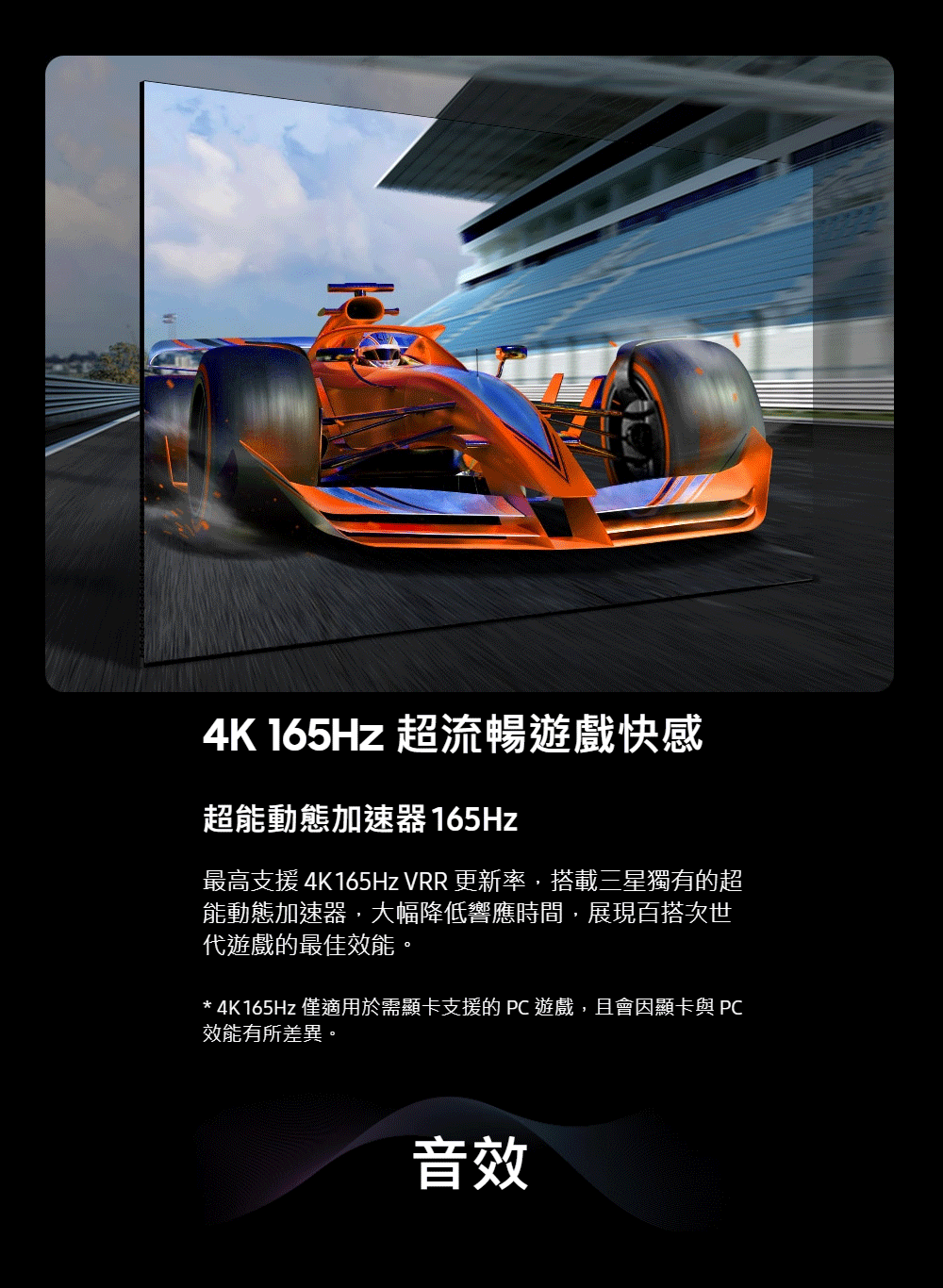 4K165Hz 僅適用於需顯卡支援的 PC 遊戲,且會因顯卡與 PC