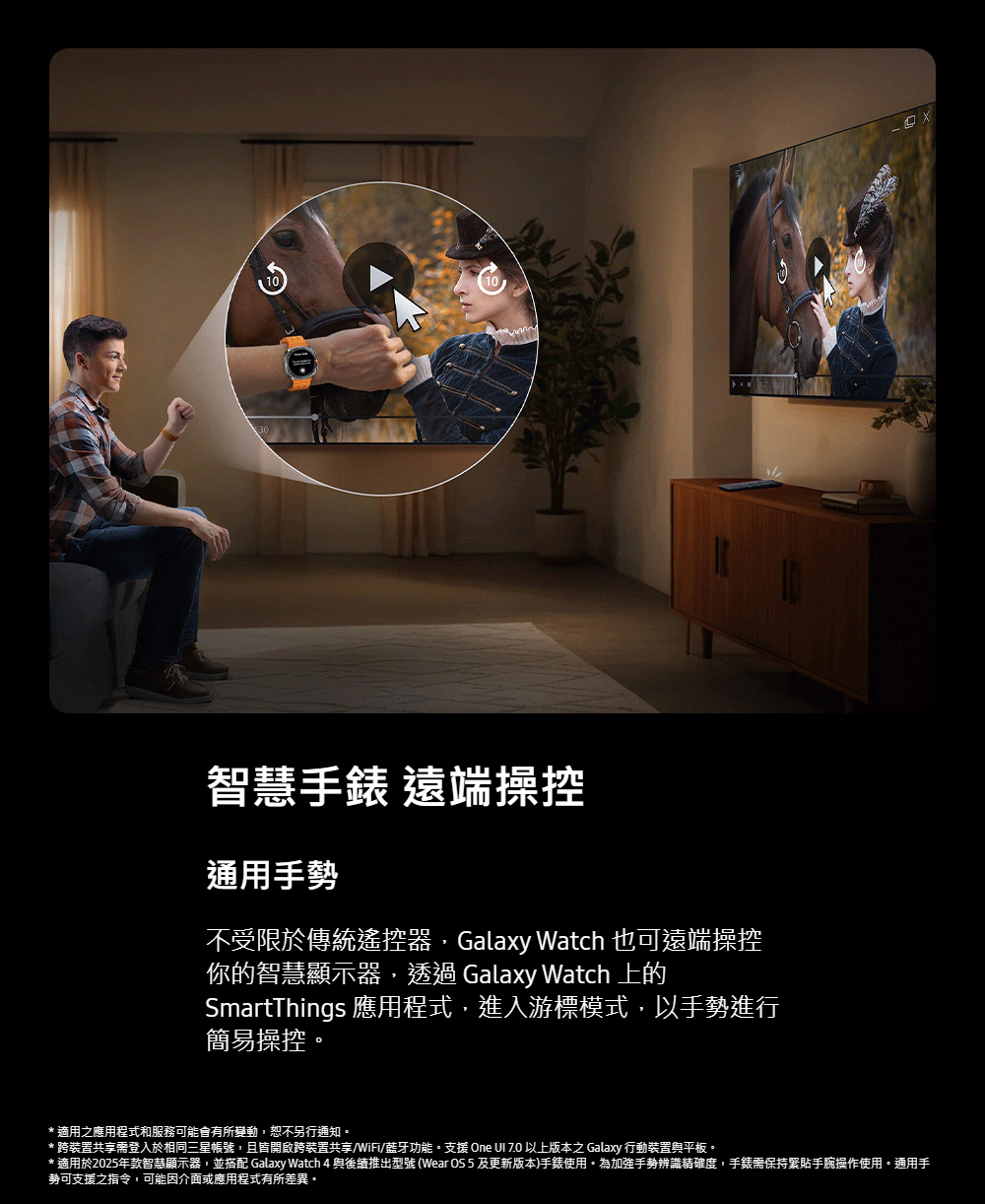 適用於2025年款智慧顯示器,並搭配 Galaxy Watch 4與後續推出型號Wear OS5及更新版本手錶使用。為加強手勢辨識精確度,手錶需保持緊貼手腕操作使用。通用手