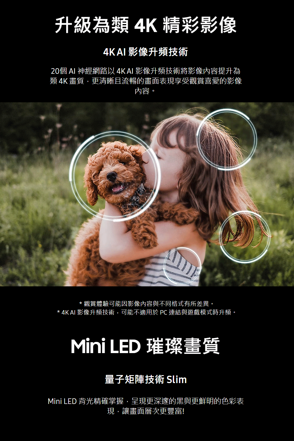 4K AI 影像升頻技術,可能不適用於PC 連結與遊戲模式時升頻。