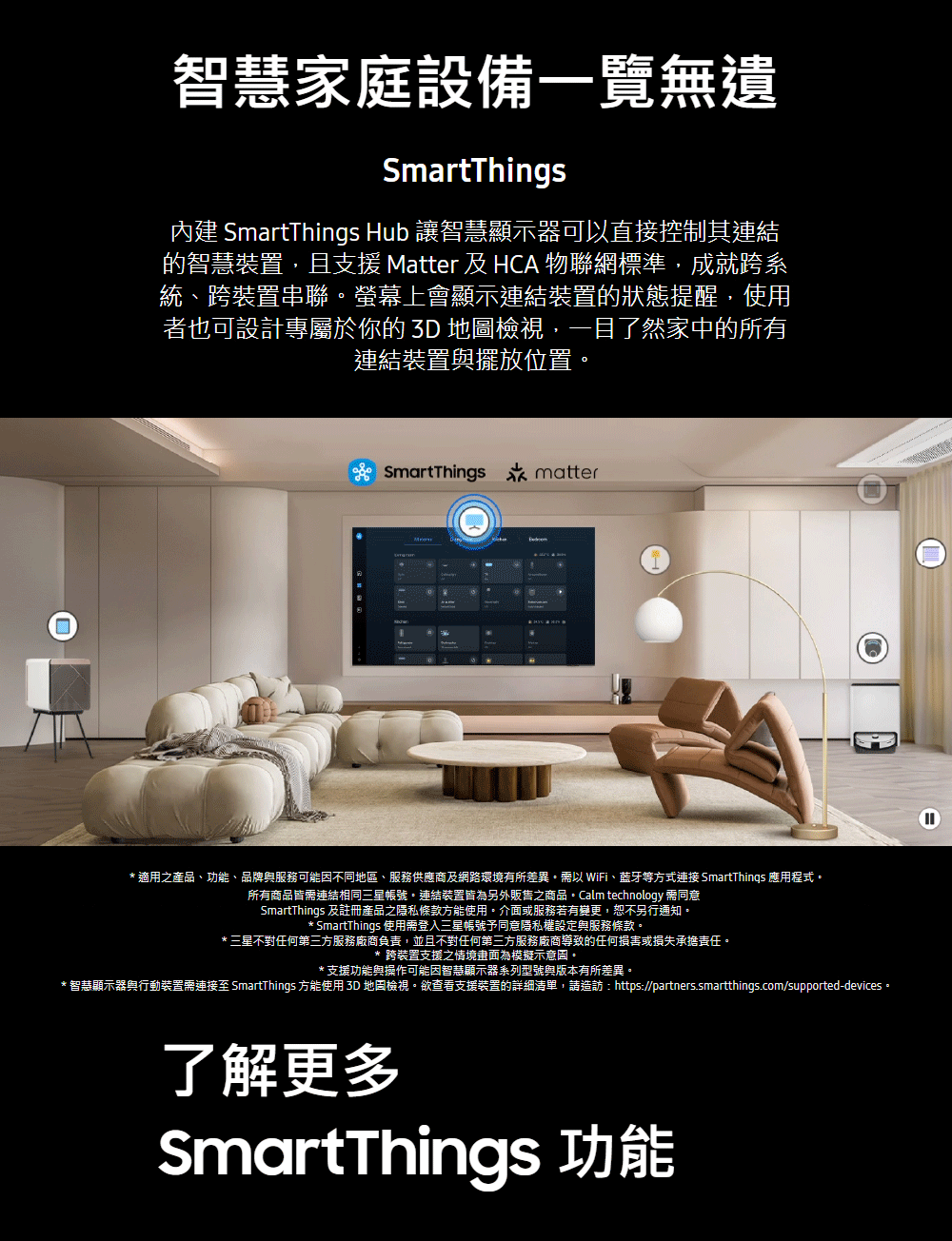 智慧顯示器與行動裝置需連接至 SmartThings 方能使用 3D 地圖檢視。欲查看支援裝置的詳細清單,請造訪httpspartners.smartthings.comsupporteddevices。