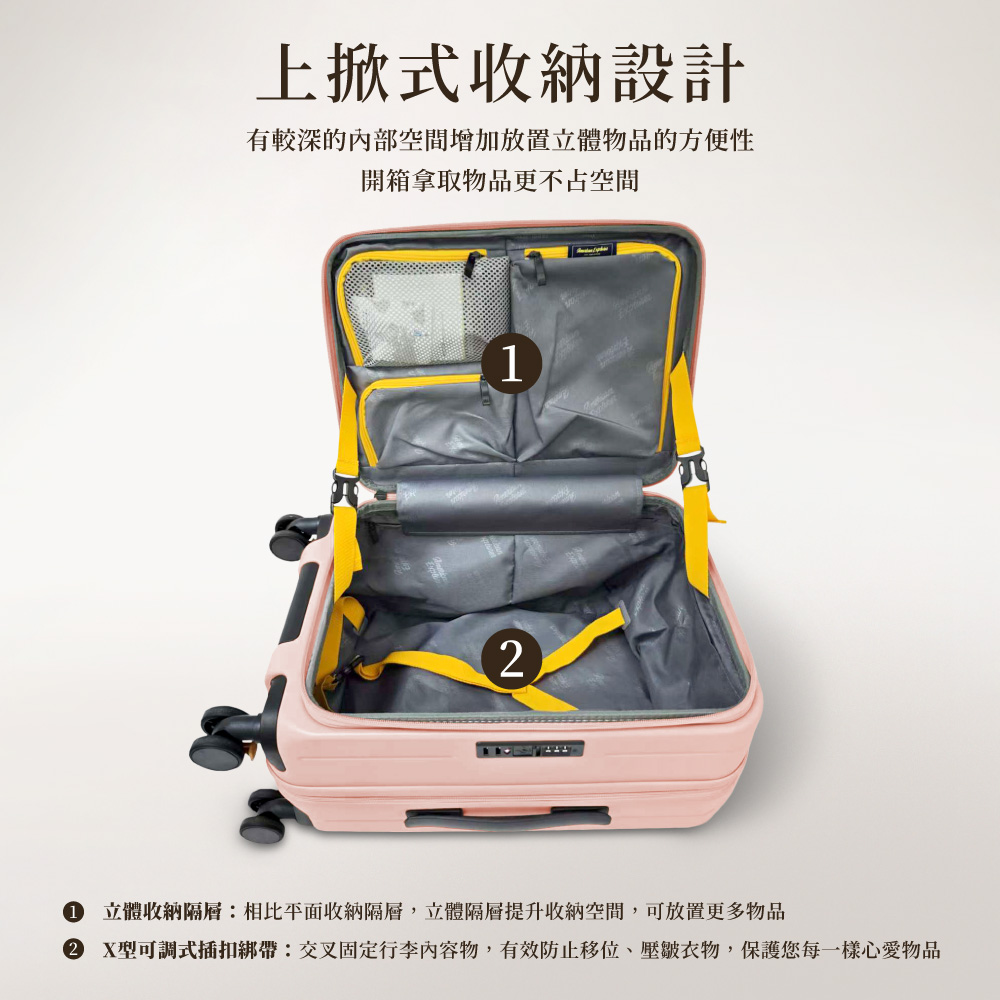 上掀式收納設計 有較深的內部空間增加放置立體物品的方便性 開箱拿取物品更不占空間 立體收納隔層相比平面收納隔層,立體隔層提升收納空間,可放置更多物品 X型可調式插扣綁帶交叉固定行李內容物,有效防止移位、壓皺衣物,保護您每一樣心愛物品