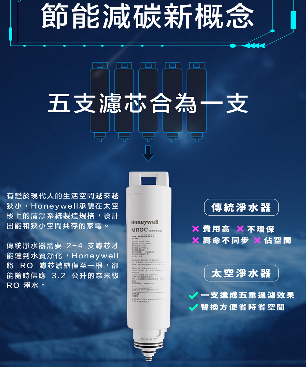 節能減碳新概念五支濾芯合為一支有鑑於現代人的生活空間越來越狹小,Honeywell承襲在太空梭上的清淨系統製規格,設計出能和狹小空間共存的電。傳統淨水器需要24 支濾芯才能達到水質淨化, Honeywell將 RO 濾芯濃縮僅至一根,卻能隨時供應 3.2 公升的奈米級RO 淨水。HoneywellBASIC PARAMETERS MROC-家造傳統淨水器費用高 不環保壽命不同步 佔空間太空淨水器一支達成五重過濾效果替換方便省時省空間