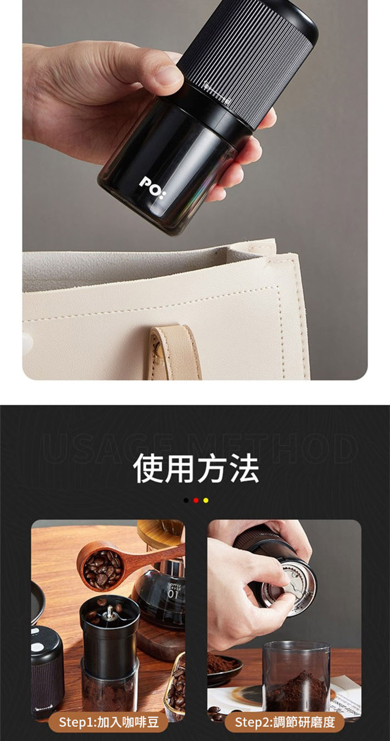 使用方法 Step1加入咖啡豆 Step2調節研磨度