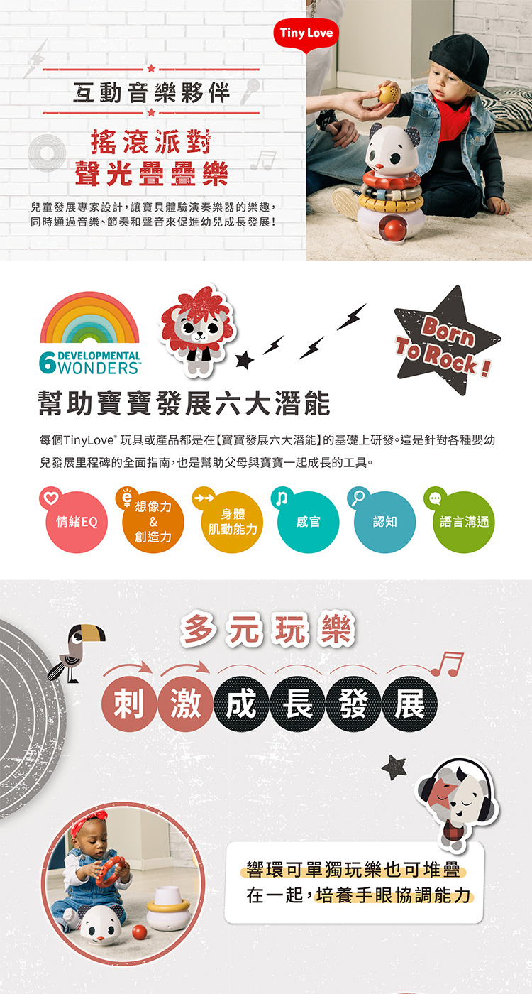 每個TinyLove 玩具或產品都是在寶寶發展六大潛能的基礎上研發。這是針對各種嬰幼
