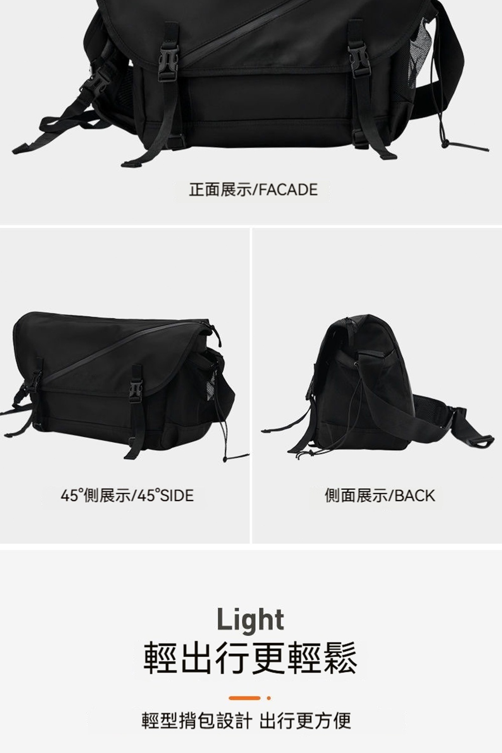 正面展示FACADE 45側展示45SIDE 側面展示BACK 輕出行更輕鬆 輕型揹包設計出行更方便 