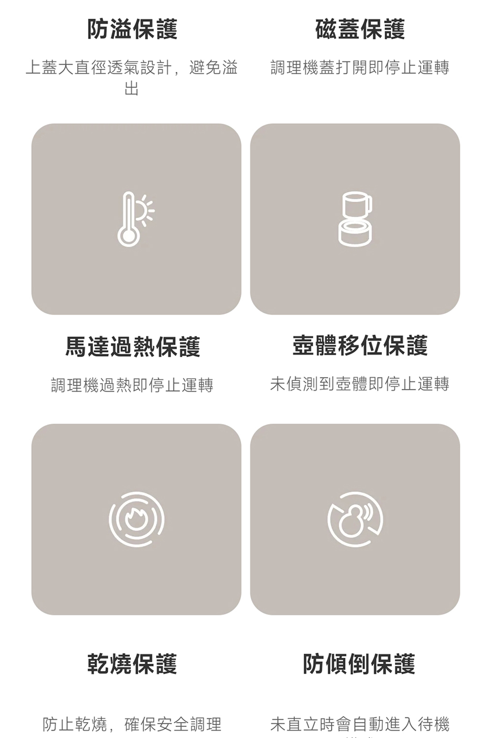 上蓋大直徑透氣設計,避免溢 調理機蓋打開即停止運轉