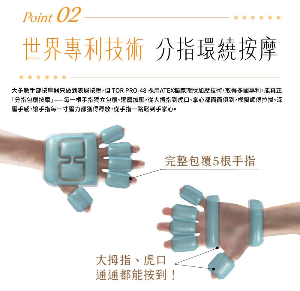 大多數手部按摩器只做到表層按壓,但TOR PRO48 採用ATEX獨家環狀加壓技術,取得多國專利,能真正