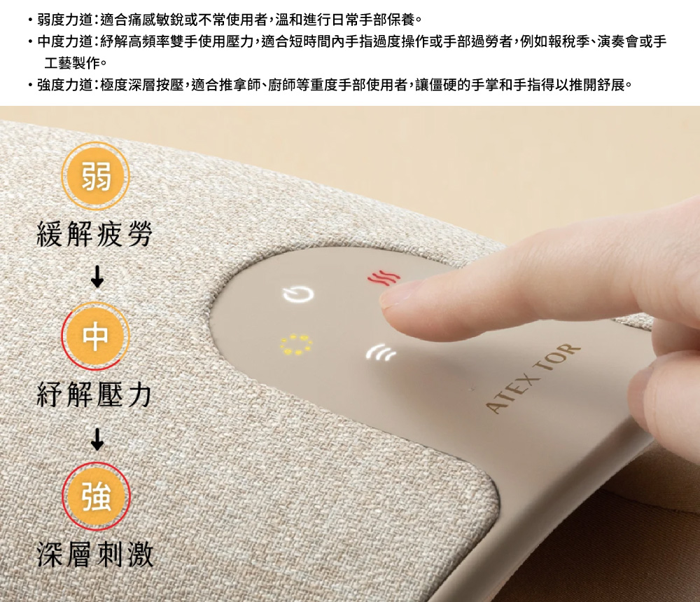 中度力道紓解高頻率雙手使用壓力,適合短時間內手指過度操作或手部過勞者,例如報稅季、演奏會或手