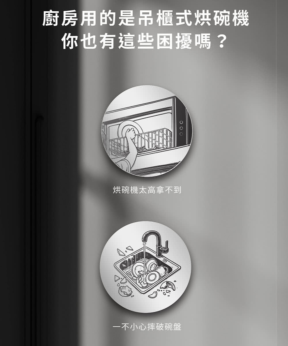 廚房用的是吊櫃式烘碗機 你也有這些困擾嗎 烘碗機太高拿不到 一不小心摔破碗盤