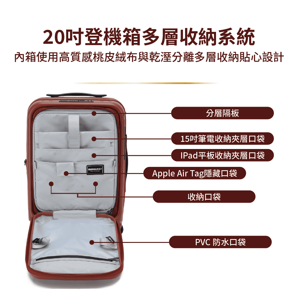 內箱使用高質感桃皮絨布與乾溼分離多層收納貼心設計