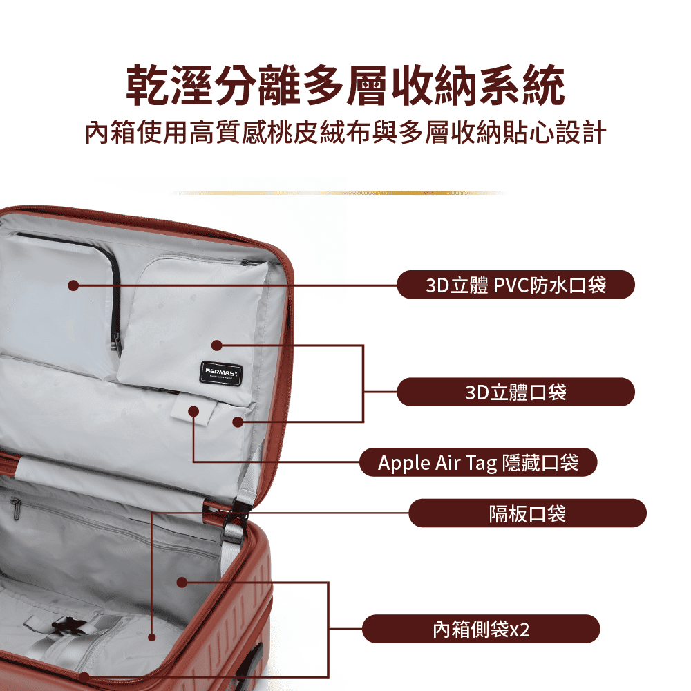 內箱使用高質感桃皮絨布與多層收納貼心設計