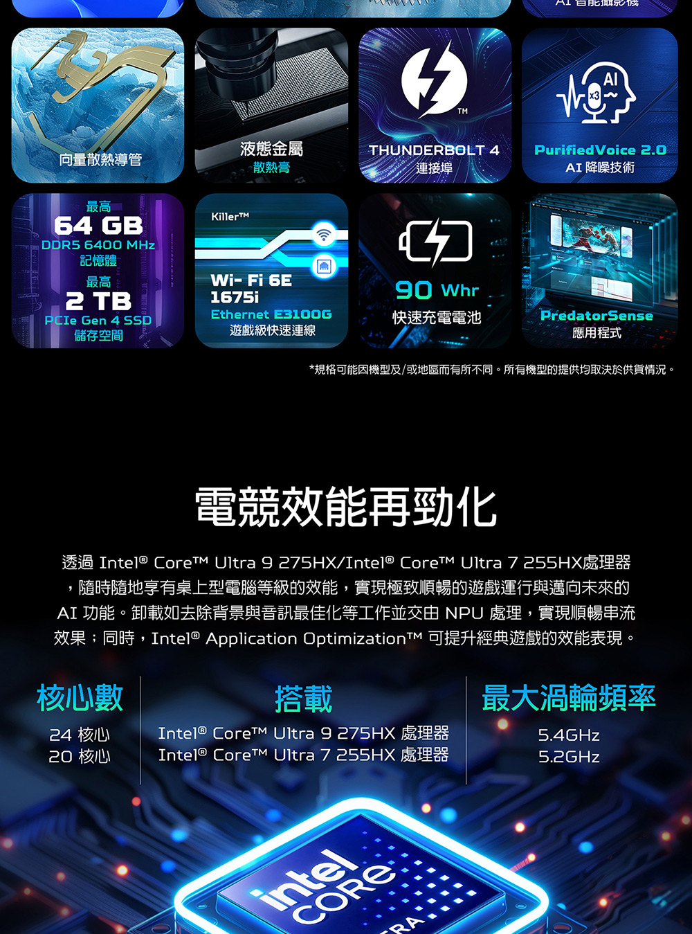 透過 Intel CoreTM Ultra 9 275HXIntel CoreTM Ultra 7255HX處理器