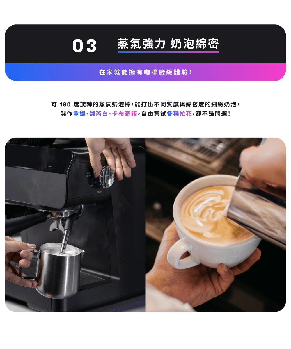 蒸氣強力 奶泡綿密 在家就能擁有咖啡廳級體驗 可 180 度旋轉的蒸氣奶泡棒,能打出不同質感與綿密度的細緻奶泡, 製作拿鐵、馥芮白、卡布奇諾,自由嘗試各種拉花,都不是問題 