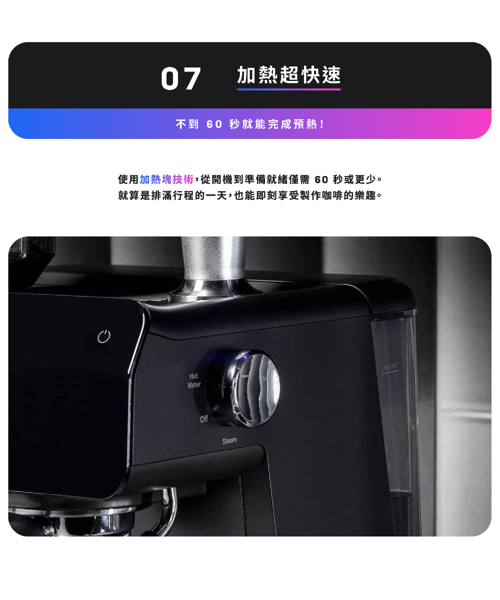 加熱超快速 不到 60 秒就能完成預熱 使用加熱塊技術,從開機到準備就緒僅需60 秒或更少。 就算是排滿行程的一天,也能即刻享受製作咖啡的樂趣。 