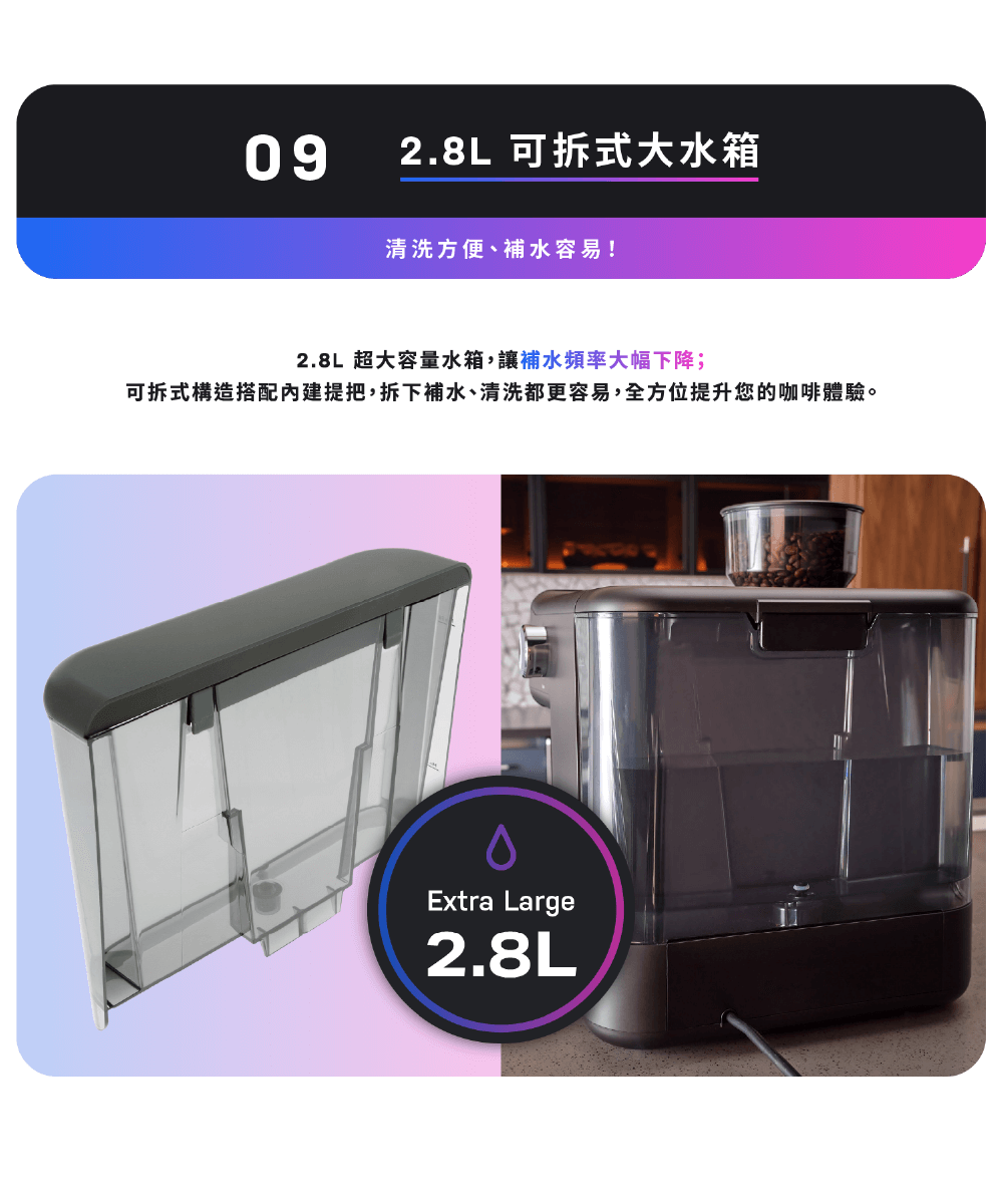 2.8L 可拆式大水箱 清洗方便、補水容易 2.8L 超大容量水箱,讓補水頻率大幅下降 可拆式構造搭配內建提把,拆下補水、清洗都更容易,全方位提升您的咖啡體驗。 