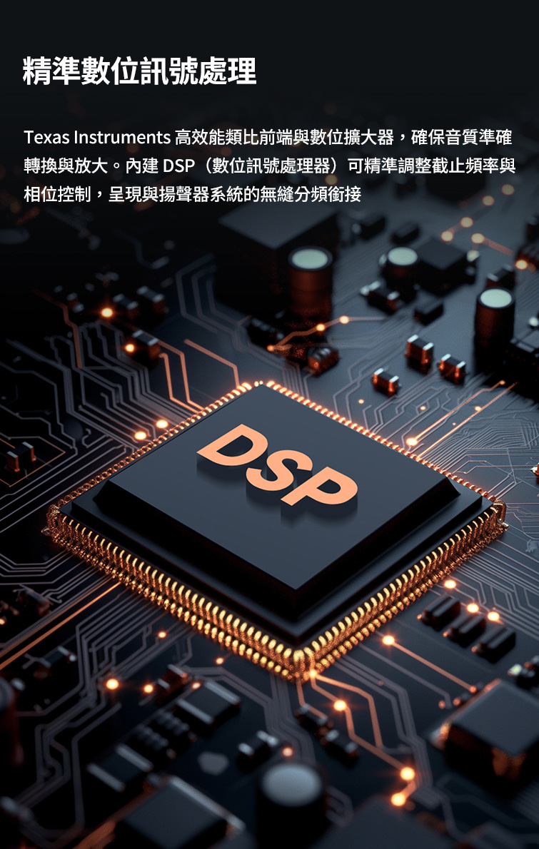 精準數位訊號處理 Texas Instruments 高效能類比前端與數位擴大器,確保音質準確 轉換與放大。內建DSP數位訊號處理器可精準調整截止頻率與 相位控制,呈現與揚聲器系統的無縫分頻銜接 