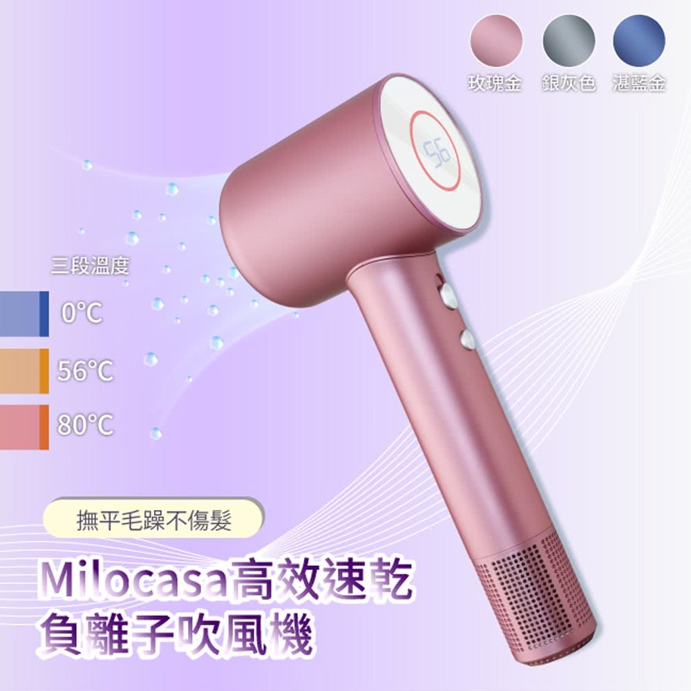 三段溫度 撫平毛躁不傷髮 Milocasa 高效速乾 負離子吹風機 玫瑰金銀灰色 