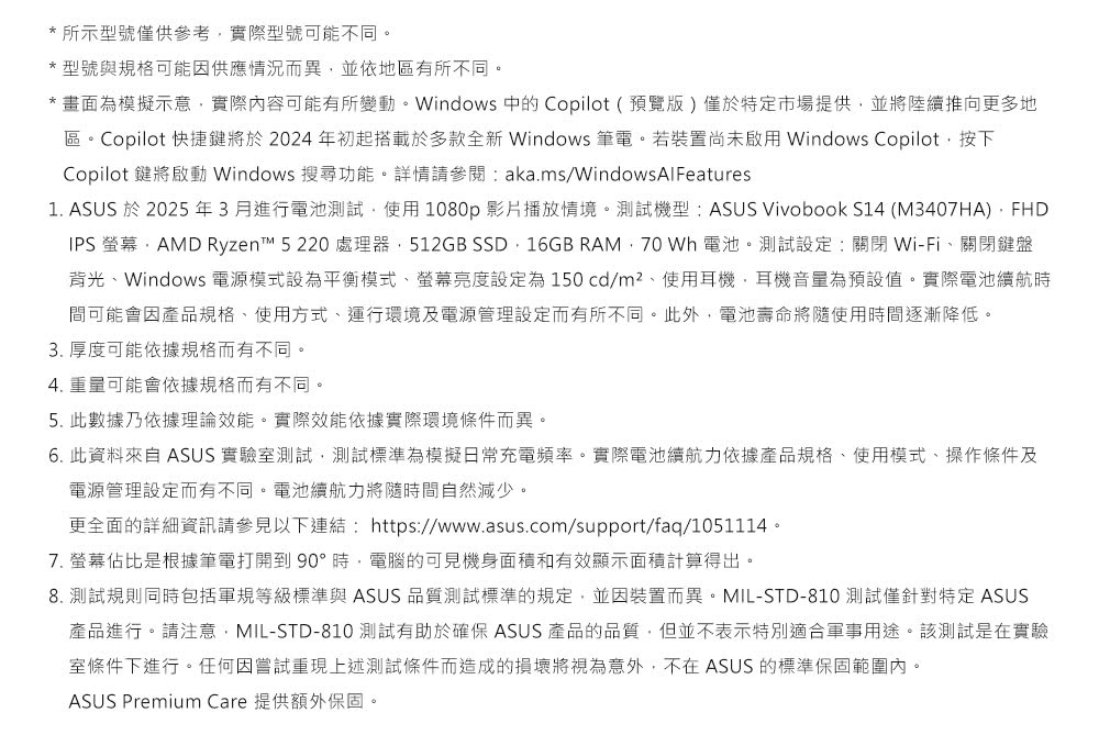 IPS 螢幕,AMD Ryzent 5220 處理器,512GB SSD 16GB RAM, 70 Wh 電池。測試設定關閉WiFi、關閉鍵盤