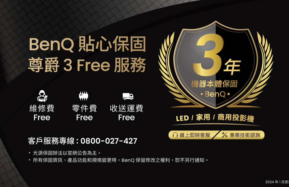 所有保固資訊、產品功能和規格變更時,BenQ保留修改之權利,恕不另行通知。