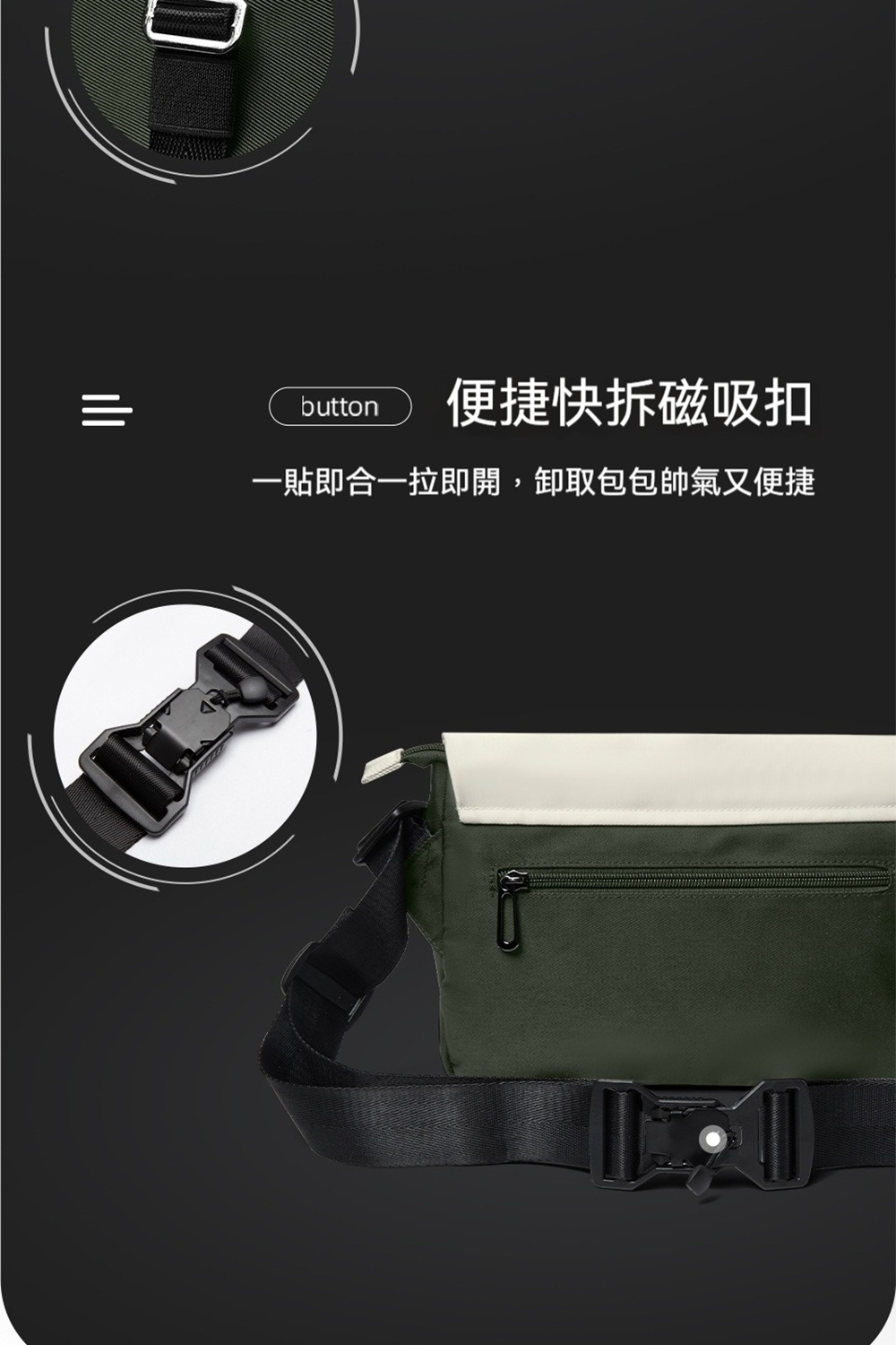 便捷快拆磁吸扣 一貼即合一拉即開,卸取包包帥氣又便捷 