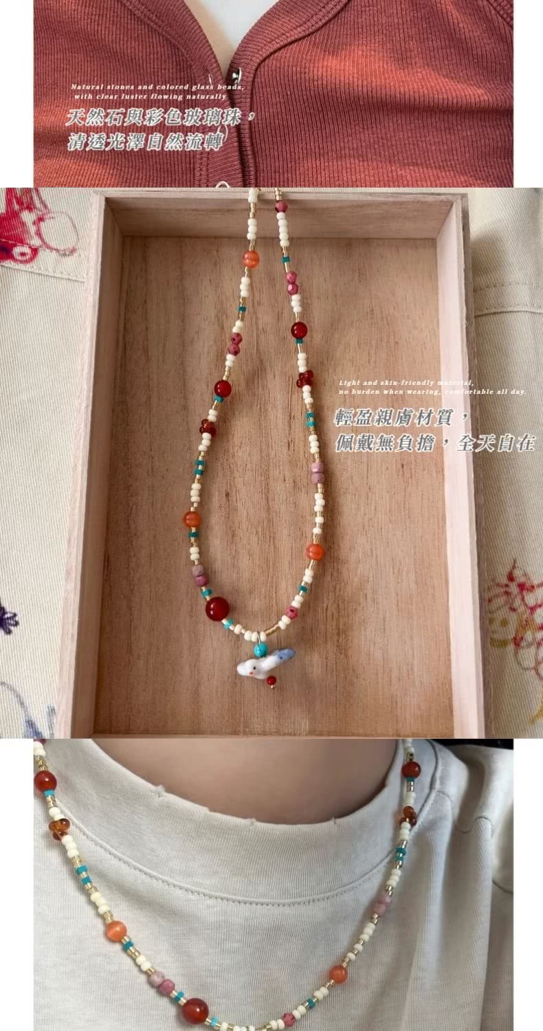 天然石與彩色玻璃珠。 精逵光澤自然旋轉 輕盈親膚材質, 佩戴無負擔,全天自在 