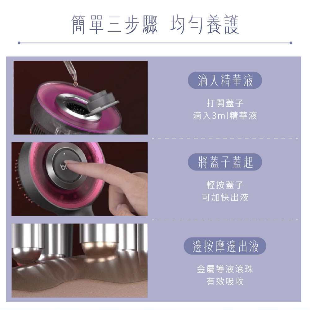 簡單三步驟 均勻養護滴入精華液打開蓋子滴入3ml精華液將蓋子蓋起輕按蓋子可加快出液邊按摩邊出液金屬導液滾珠有效吸收