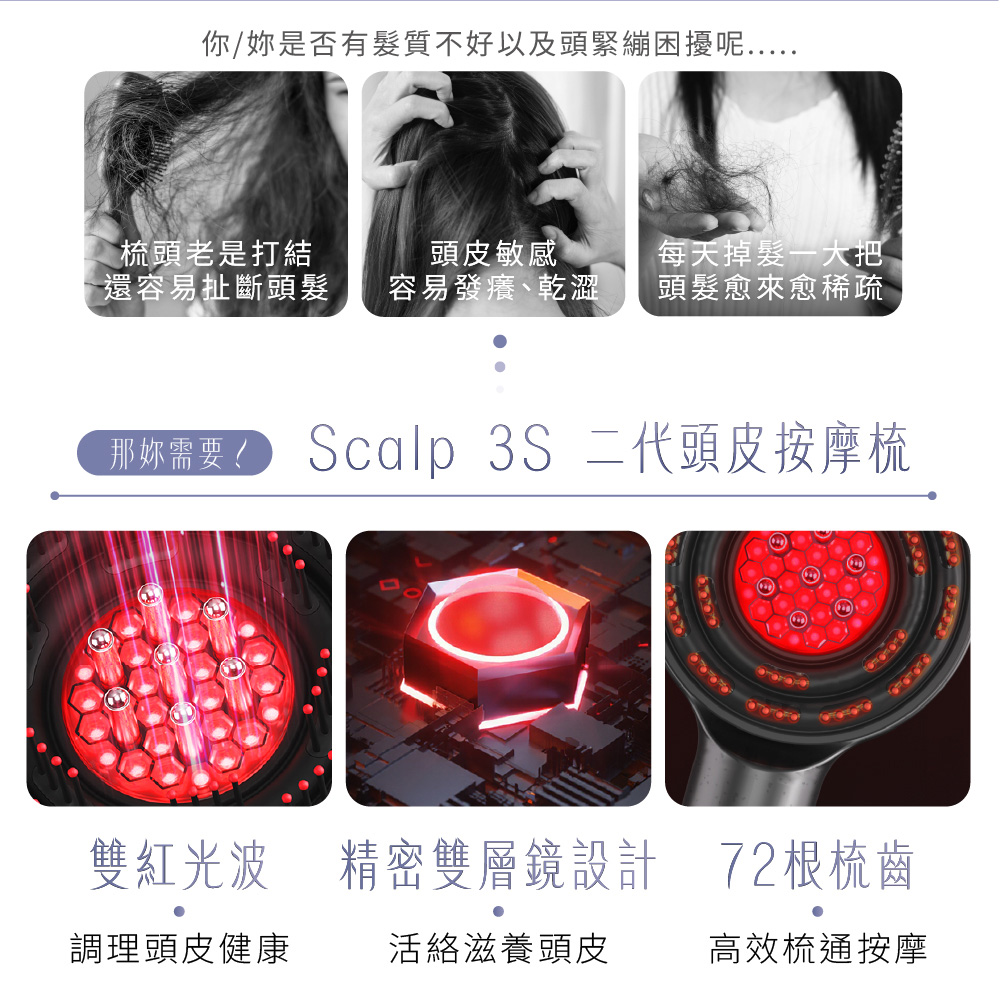 你/妳是否有髮質不好以及頭緊繃困擾呢....梳頭老是打結頭皮敏感「還容易扯斷頭髮容易發癢、乾澀每天掉髮大把頭髮愈來愈稀疏那妳需要 Scalp 3S 二代頭皮按摩梳.雙紅光波 精密雙層鏡設計 72根梳齒調理頭皮健康活絡滋養頭皮高效梳通按摩