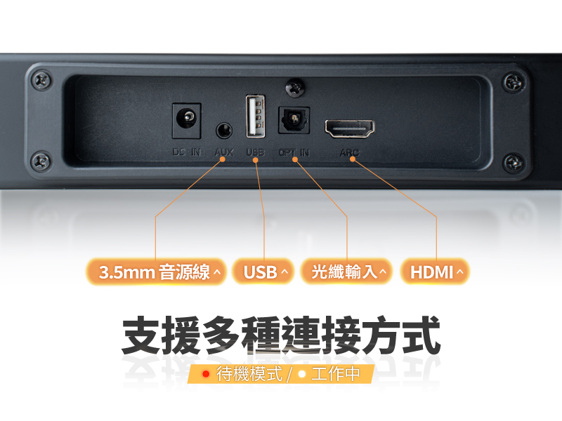 IN AUX USB IN ARC3.5mm 音源線 USB 光纖輸入 HDMI 支援多種連接方式待機模式/ 工作中