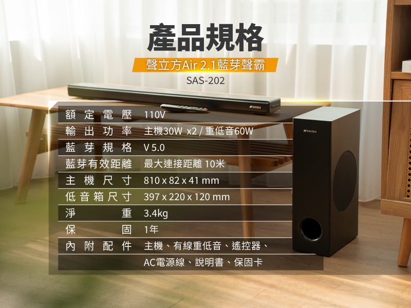 產品規格聲立方Air 2.1藍芽聲霸SAS-202額定電壓110V主機30Wx2/音60W輸出功率藍芽規格 V5.0藍芽有效距離 最大連接距離10米主機尺寸 810x82x41 低音箱尺寸 397x220x120 mm低重 3.4kg 1年內附配件主機、有線重低音、遙控器、AC電源線、說明書、保固卡