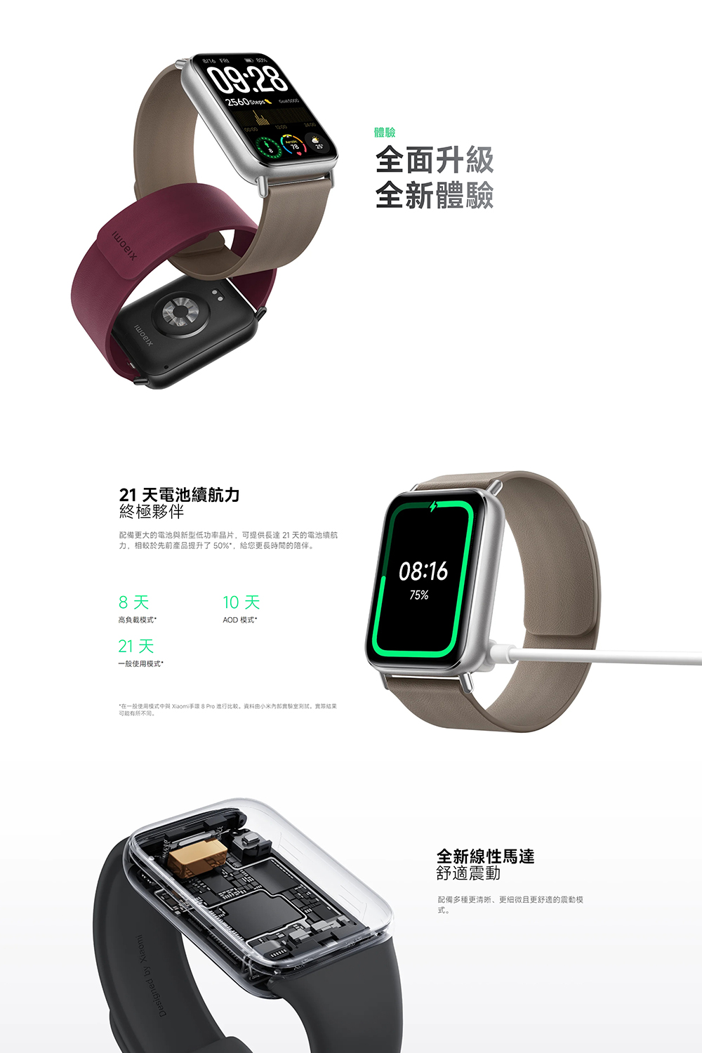 在一般使用模式中與 Xiaomi手環 8 Pro 進行比较。资料由小米內部實驗室测试。實際結果